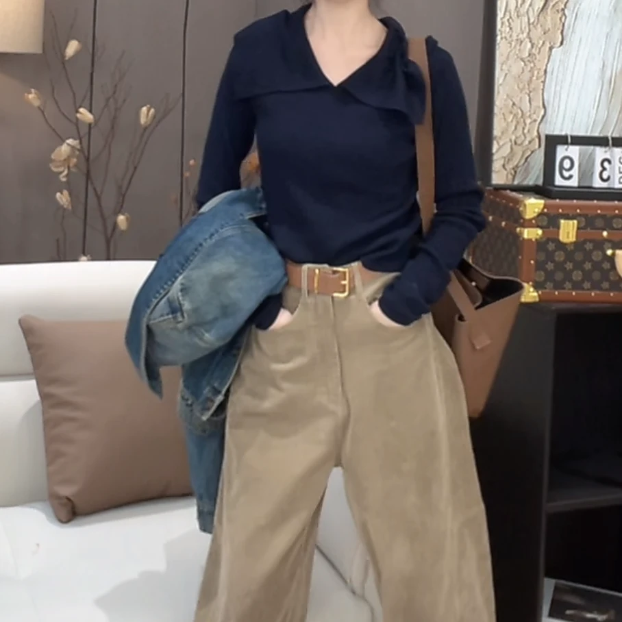 轻奢极简气质大翻领毛针织上衣2025新款春季纯色气质长袖T恤女