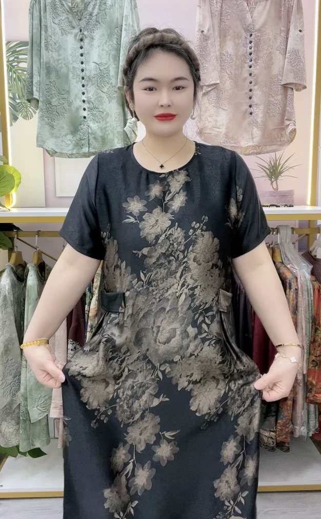 873富贵花圆领中长款短袖连衣裙