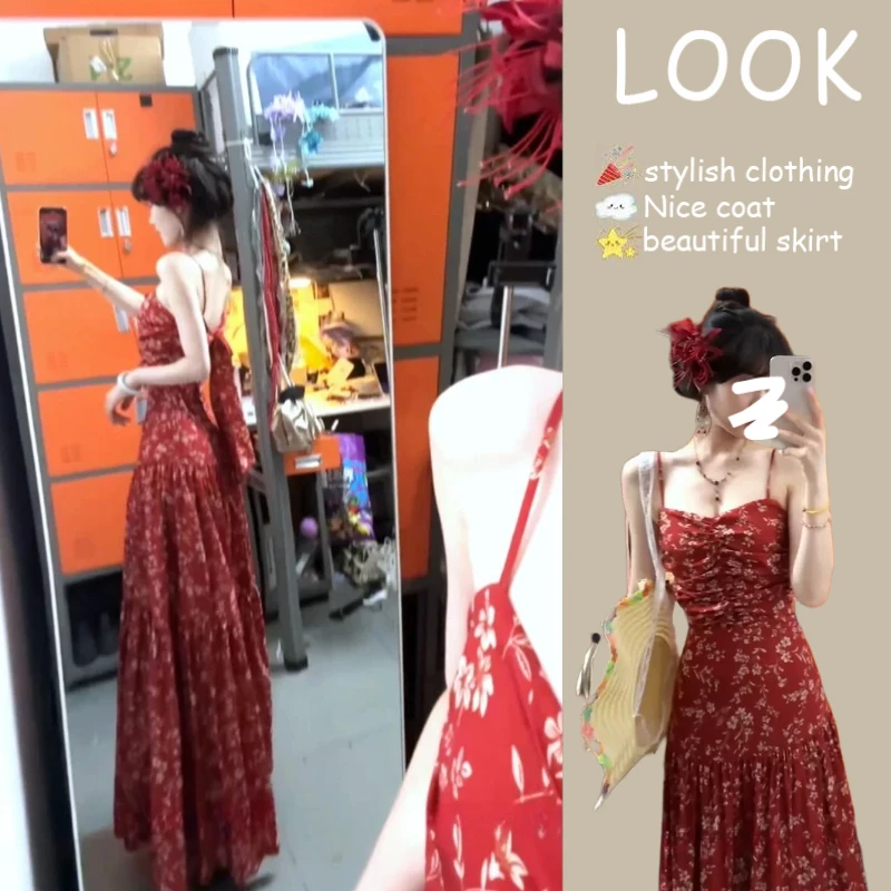 2025夏季新款法式纯欲度假风红色碎花气质小众设计感时尚连衣裙女