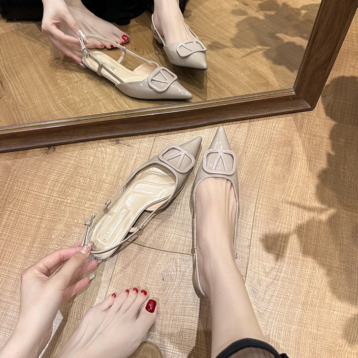 2025年新款春夏气质高跟鞋法式细跟尖头一字绝美包头凉鞋裸色女鞋