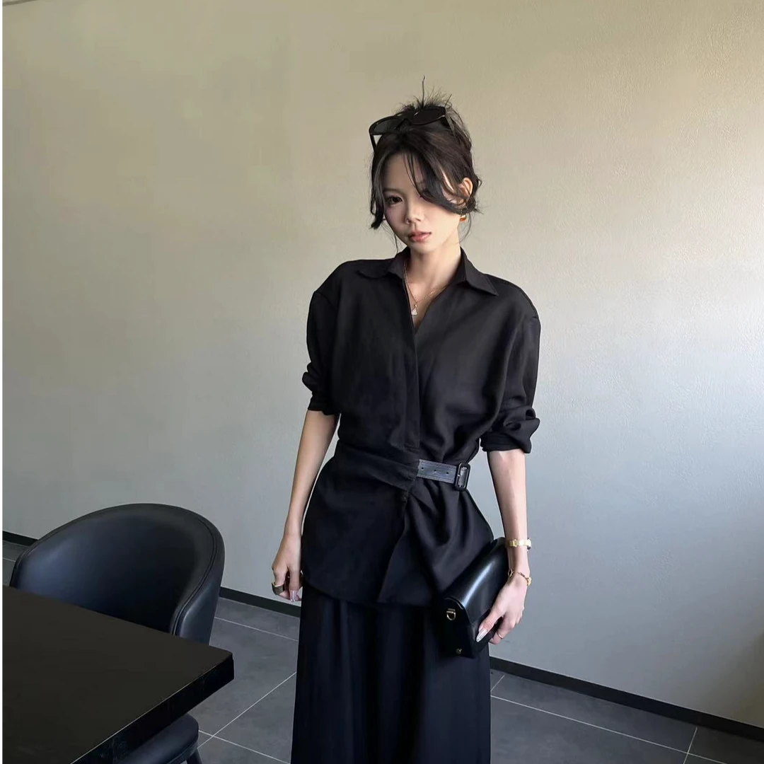 【JUNS 丝滑摩卡】25春季新款法式褶皱收腰细带长袖衬衣+阔腿裤套装