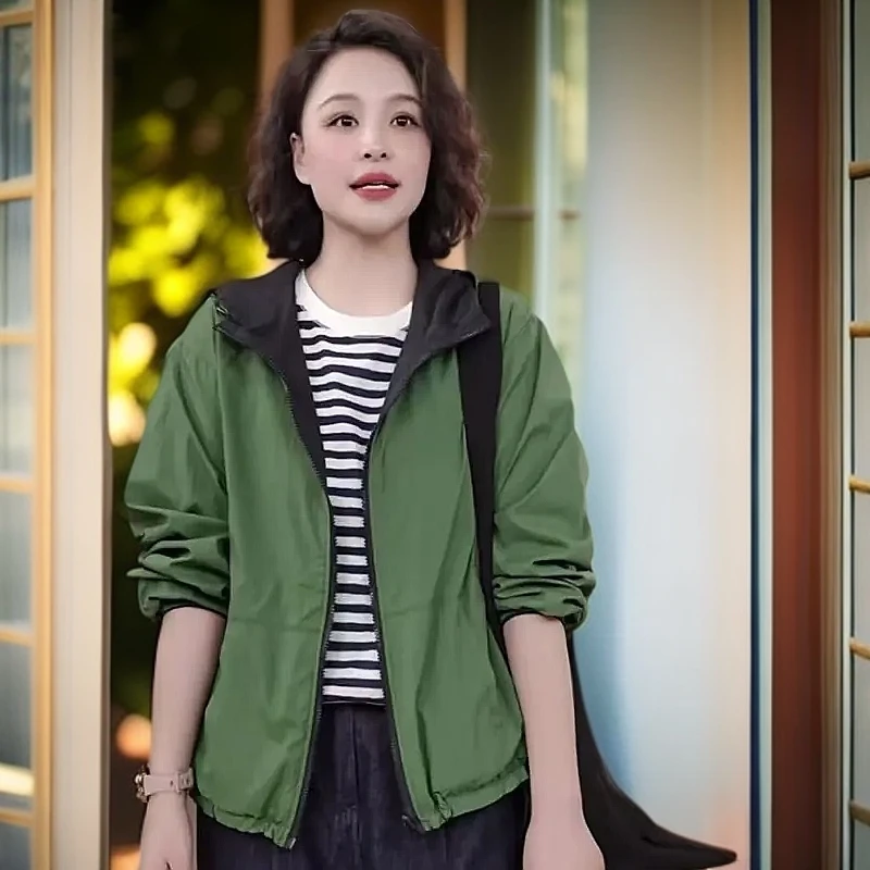 春夏双面穿2025新款拼接休闲百搭连帽长袖显瘦减龄潮上衣连帽外套