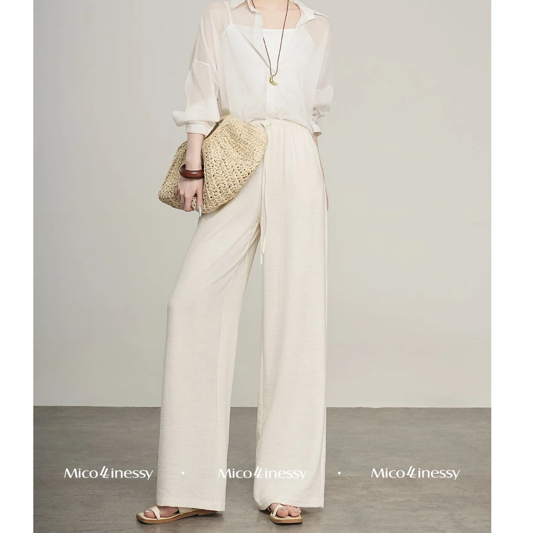 乐登虎设计师款韩版云感亚麻宽松直筒裤2018