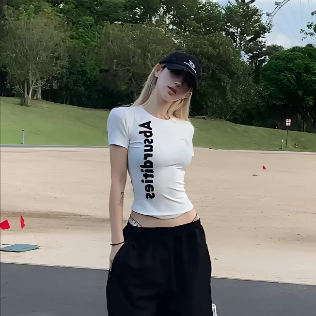 美式圆领正肩短款辣妹T恤夏季字母刺绣个性显瘦高腰纯欲修身短袖