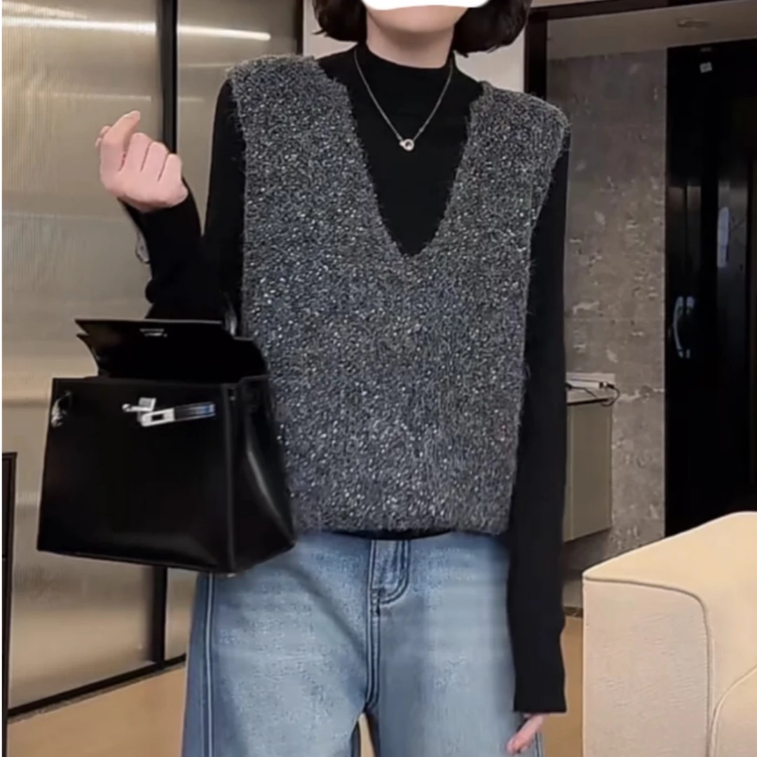 设计感小众v领亮片坎肩针织马甲女2025春秋新款显瘦叠穿无袖上衣