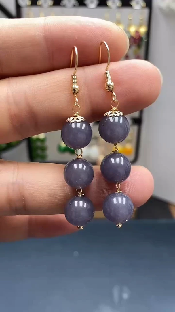 和田玉银S925镀金镶嵌耳饰尺寸10mm烟紫连珠