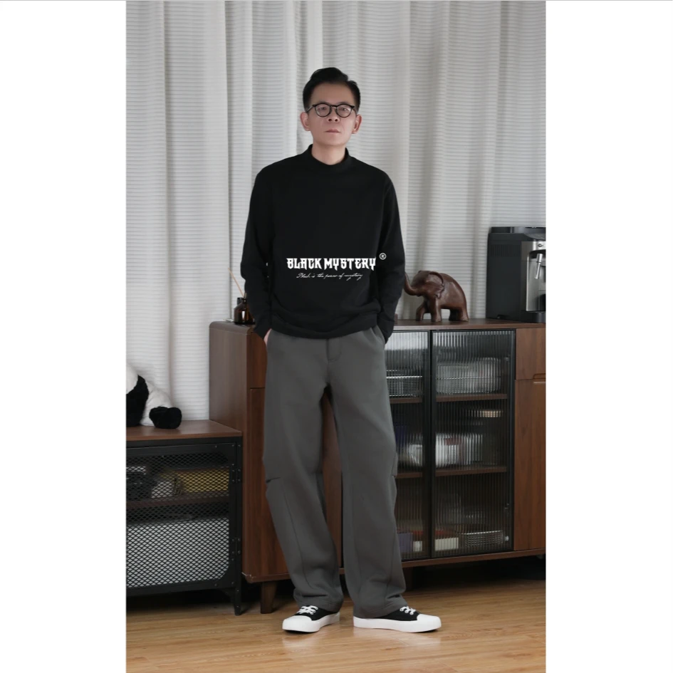 【BlackMystery】松柏 秋冬加厚绒底保暖时尚微宽松弯刀休闲裤 8744