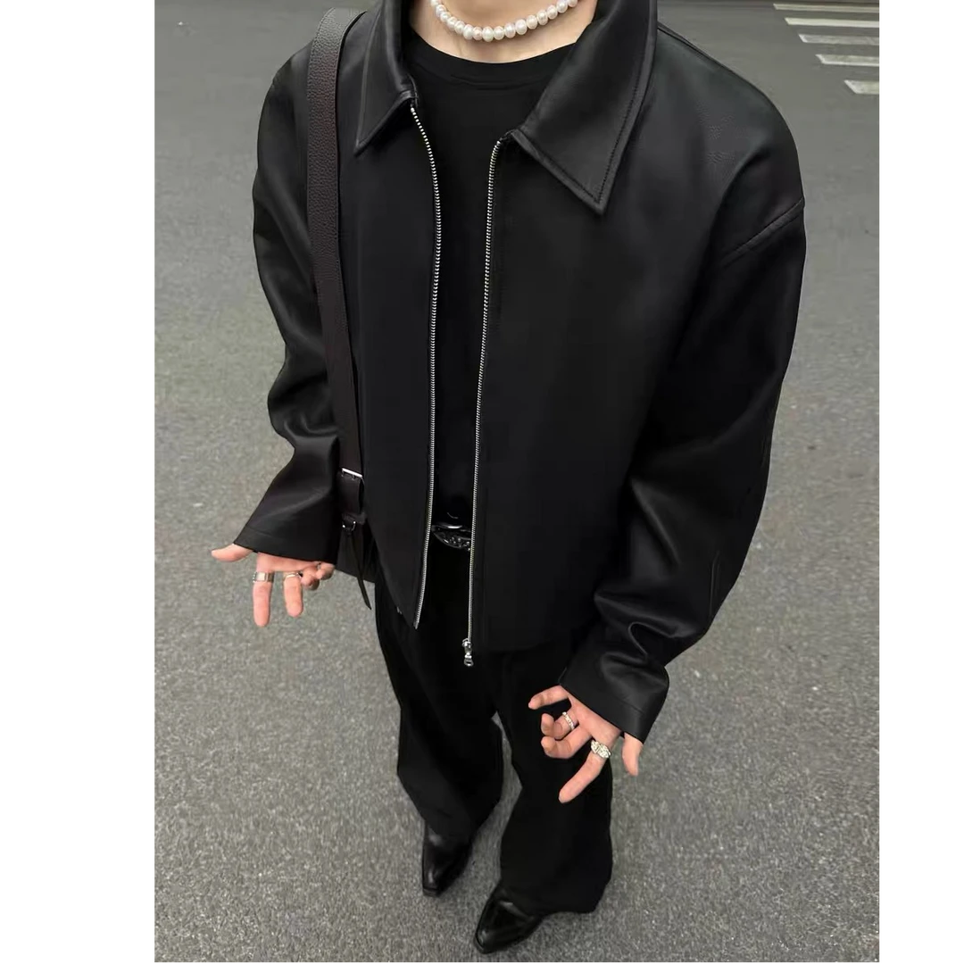 INTENT同款进口肌理PU皮短宽黑色皮衣Cleanfit男夹克外套红内里