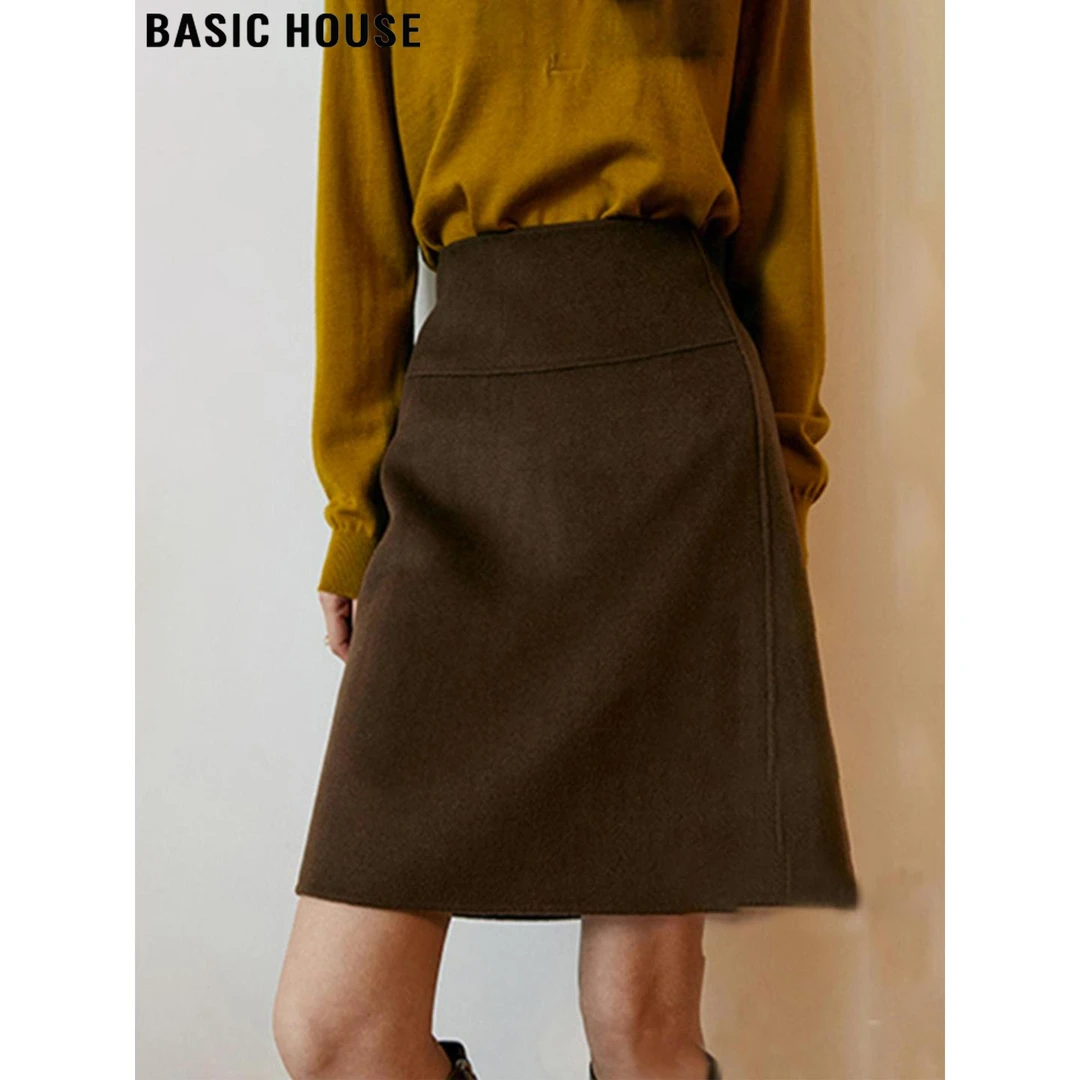 Basic House/百家好咖色毛呢加厚短裙女2025秋冬复古A字半身裙子