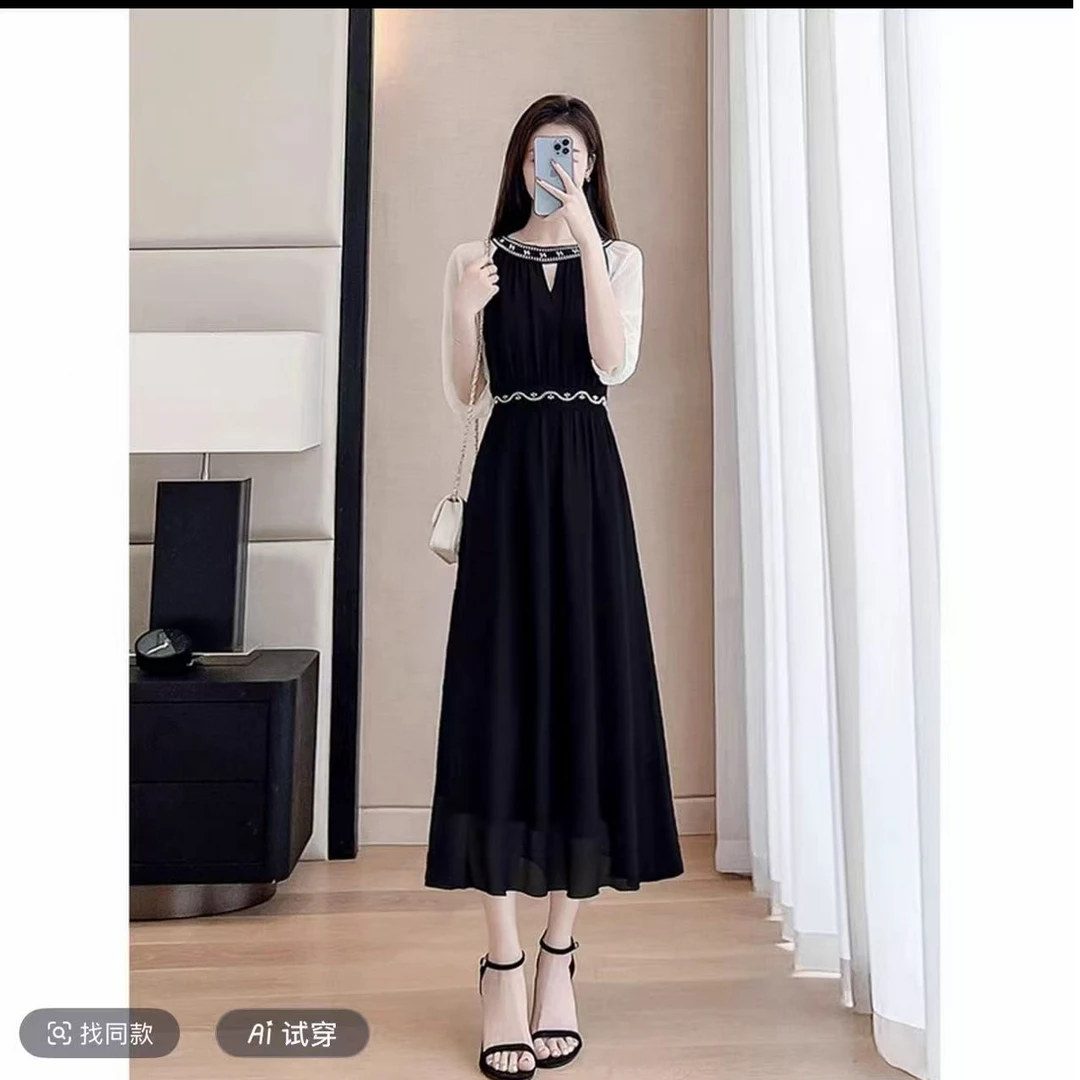 2529收身连衣裙黑色法式优雅新款夏季收腰显瘦气质a字裙子女