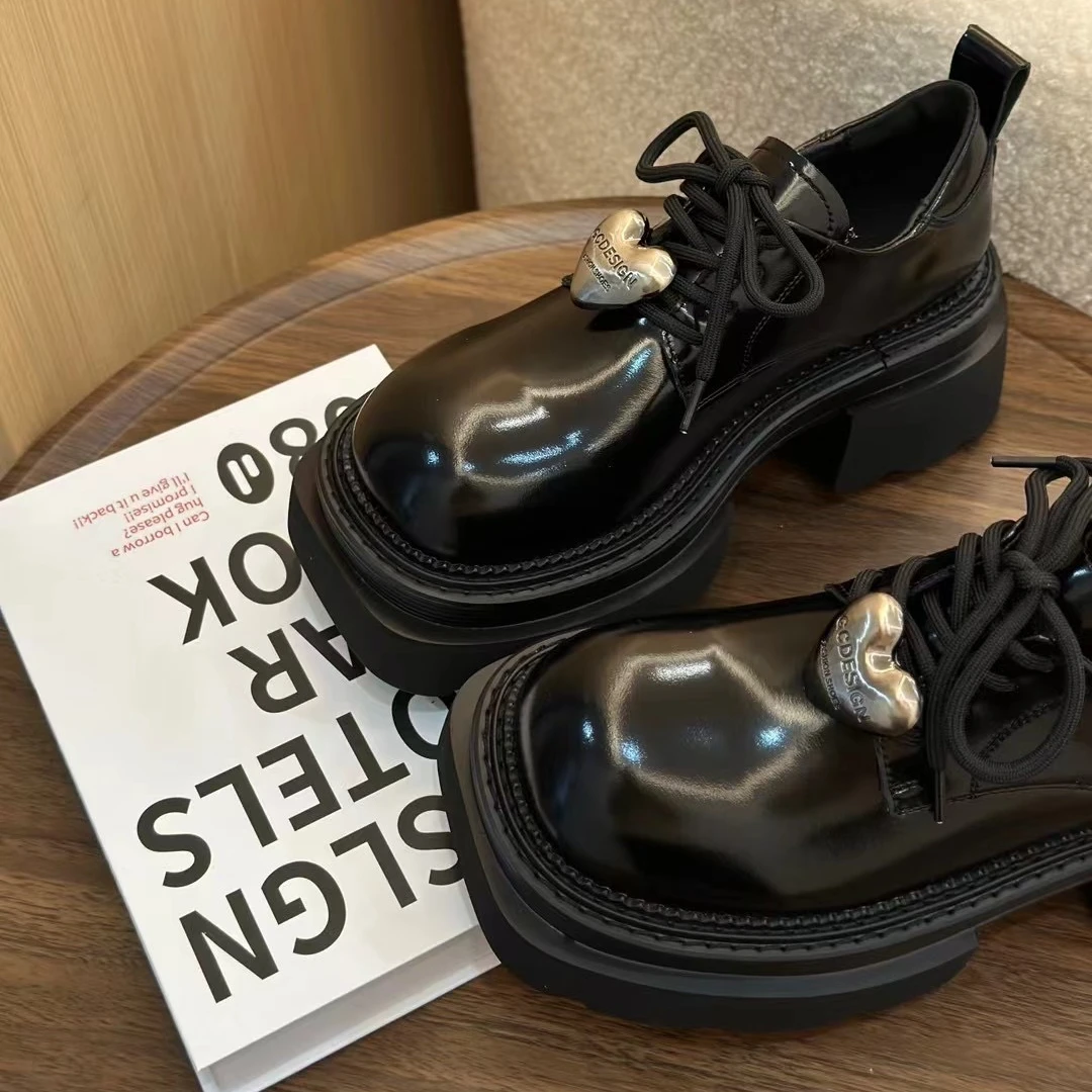 厚底粗跟小皮鞋女2025新款春季百搭增高女鞋单鞋黑色乐福