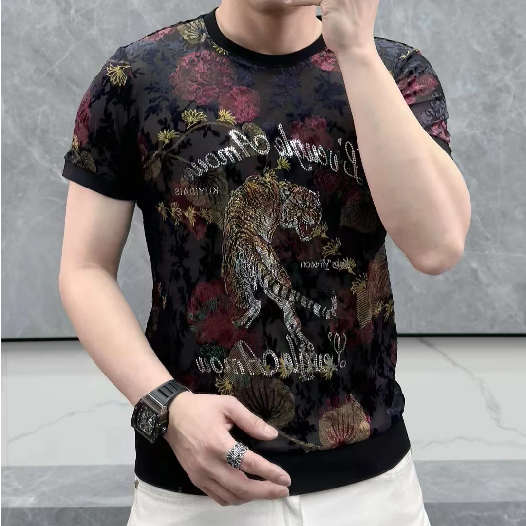 欧洲站夏季潮牌新款男士男款高品质植绒烧花镂空修身圆领休闲短袖