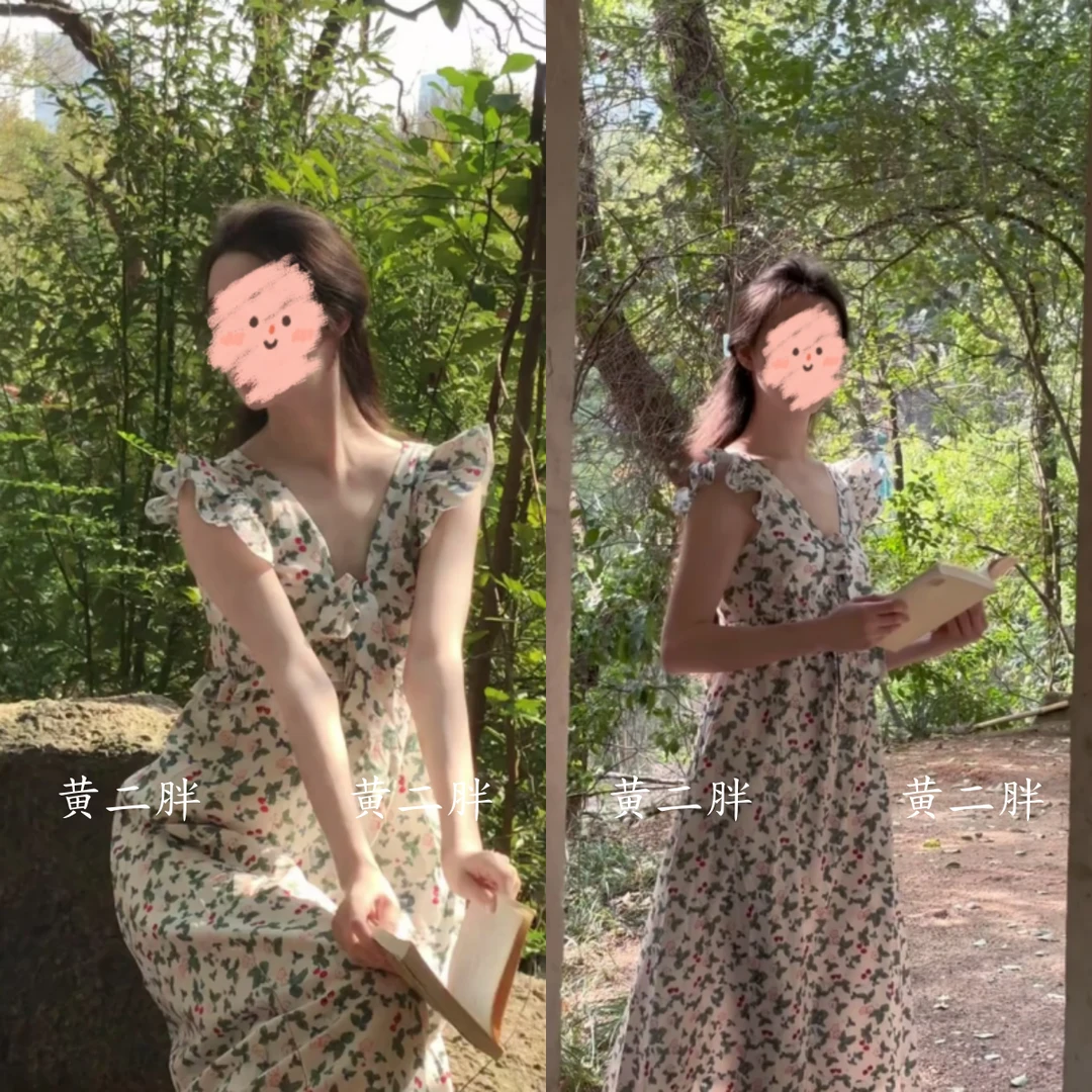 法式V领荷叶袖碎花连衣裙女小众森系甜美初恋长裙子2025夏季新款