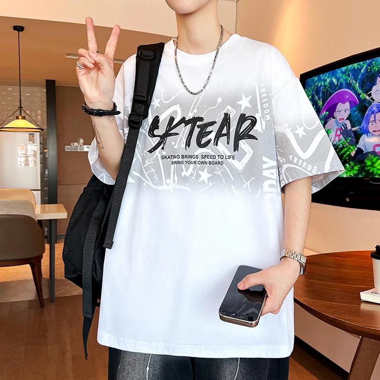 青少年短袖T恤男2025夏季新款港风潮流学生宽松百搭休闲印花半袖