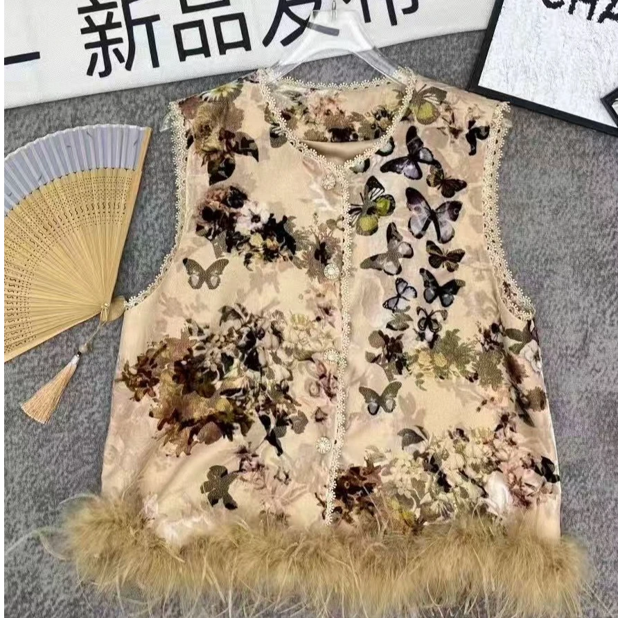 2025早秋新款女装时尚气质百搭显瘦高腰显瘦蕾丝边蝴蝶丝绒马甲女