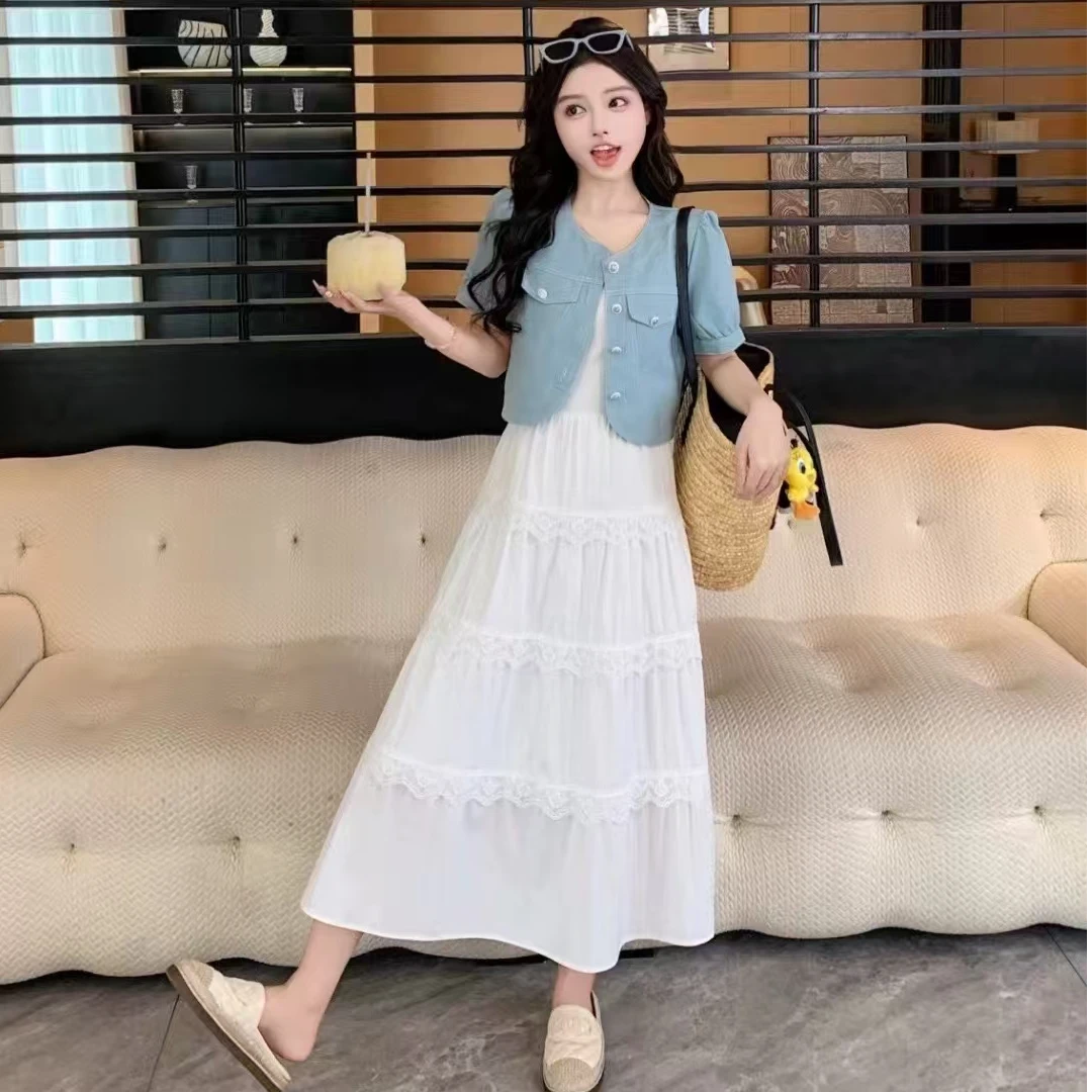 显高名媛套装裙夏季法式气质显瘦减龄短外套白色吊带连衣裙两件套