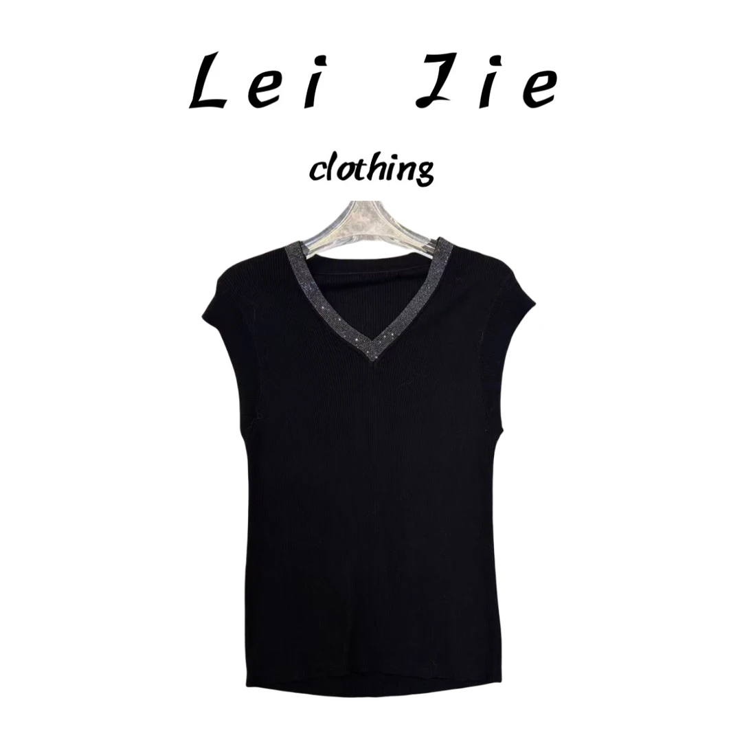 【Lei Jie】100%莱赛尔烫钻V领修身螺纹袖口针织上衣9907