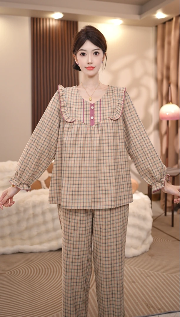 【格物】秋季新款气质时尚宽松舒适休闲春季格子家居服春秋