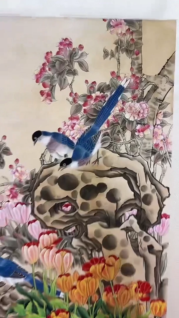 国画吴丽珠-8平尺-花鸟轴-带工笔书-带相框