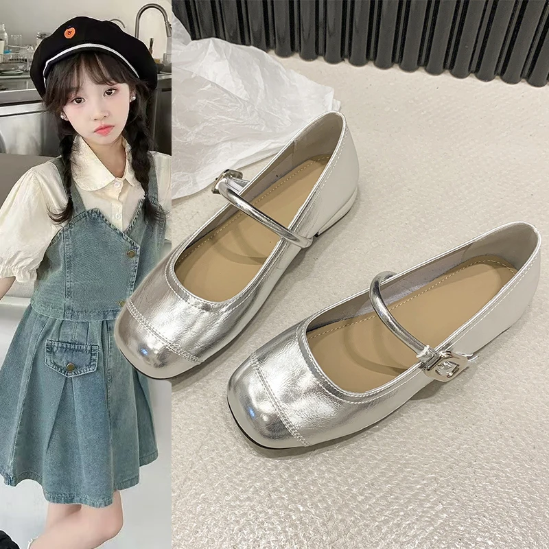 女童方头浅口平底银色玛丽珍鞋2025春新款儿童四季演出舞蹈小皮鞋