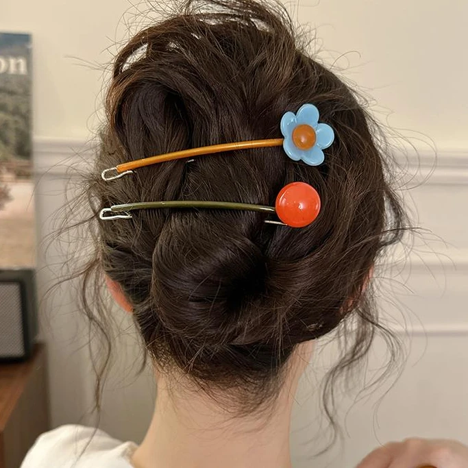 韩系撞色小花青蛙扣一字夹发夹女高级感后脑勺气质盘发2025新款