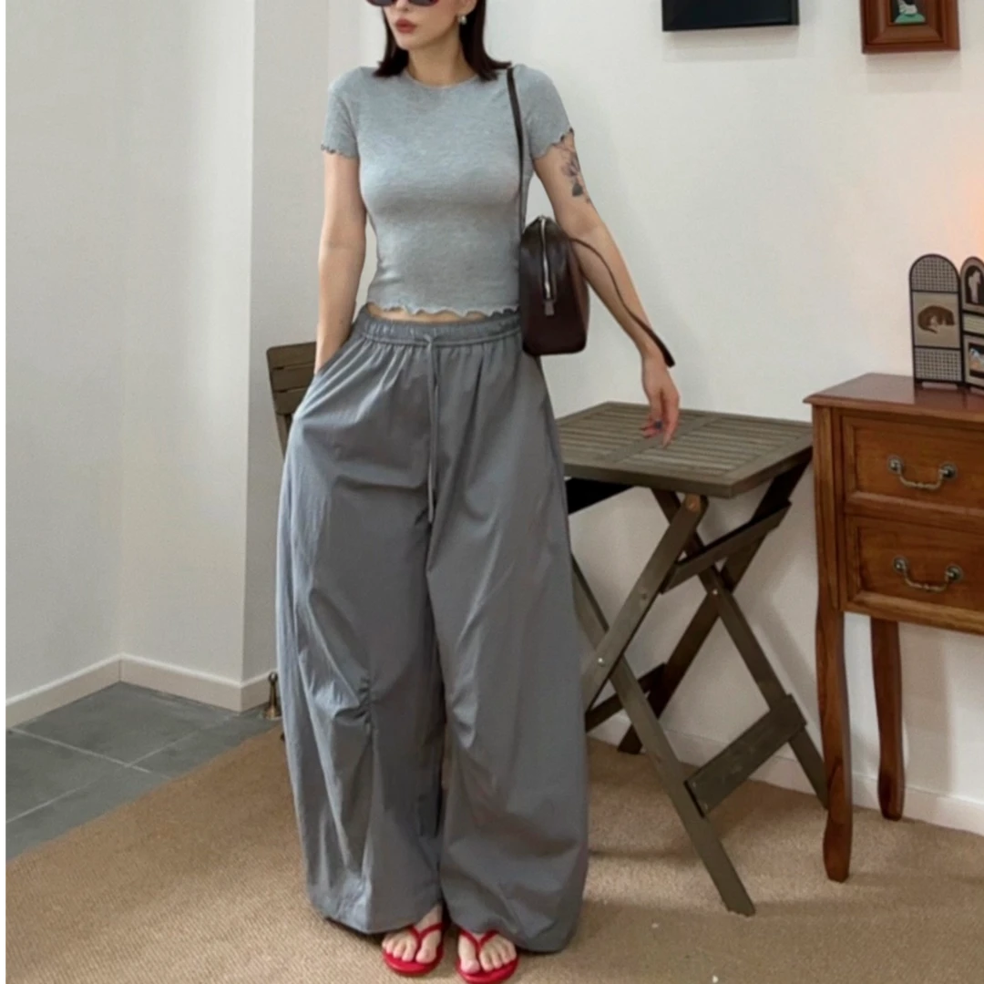 【SUSU】2025春夏日系工装风简约褶皱弯刀宽松休闲裤