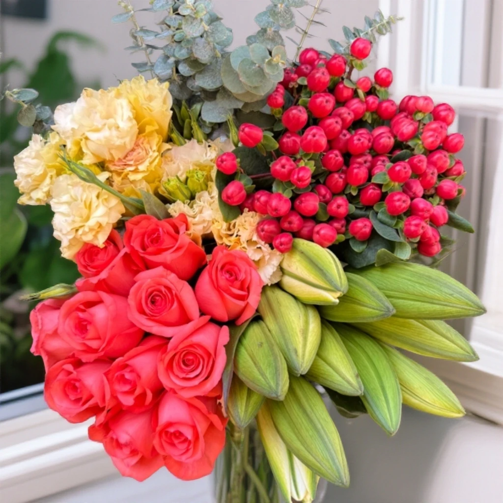 粉玫瑰+百合+红豆+洋结梗+配草+鲜花营养液