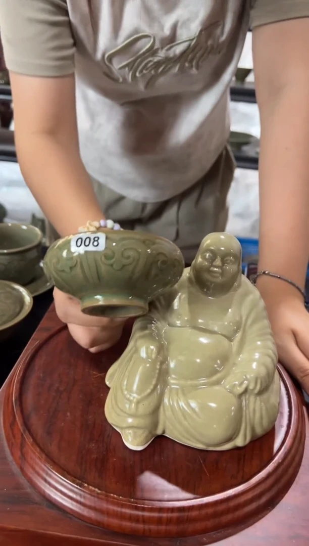 耀州窑青瓷宝相花金钵008+弥勒佛茶宠