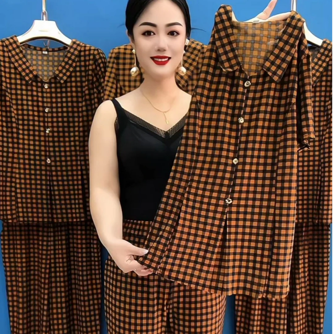 2025夏季新款经典格子冰丝时尚套装女短袖T恤上衣休闲减龄两件套