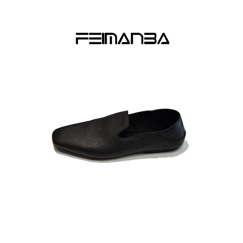 【feimanba】黑白乐福鞋方头真皮底
