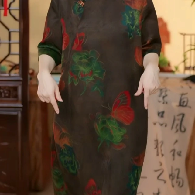 佳  新中式风桑蚕丝  蝶恋花 花色 重缎连衣裙 251524