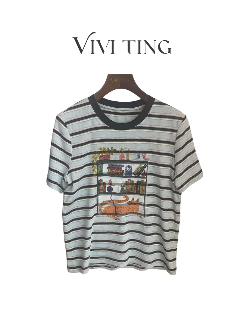 【VIVI·TING】婷姐推荐夏季条纹印花简约撞色圆领上衣s643