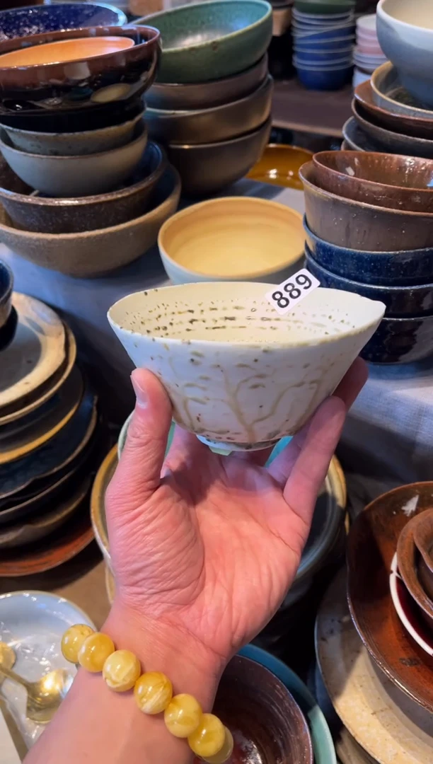 【闪购商品】瓷片889绿泡泡手工斗笠碗