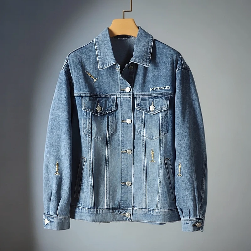 【魔】剪标25春品牌折扣休闲百搭翻领单排扣字母宽松牛仔外套女413