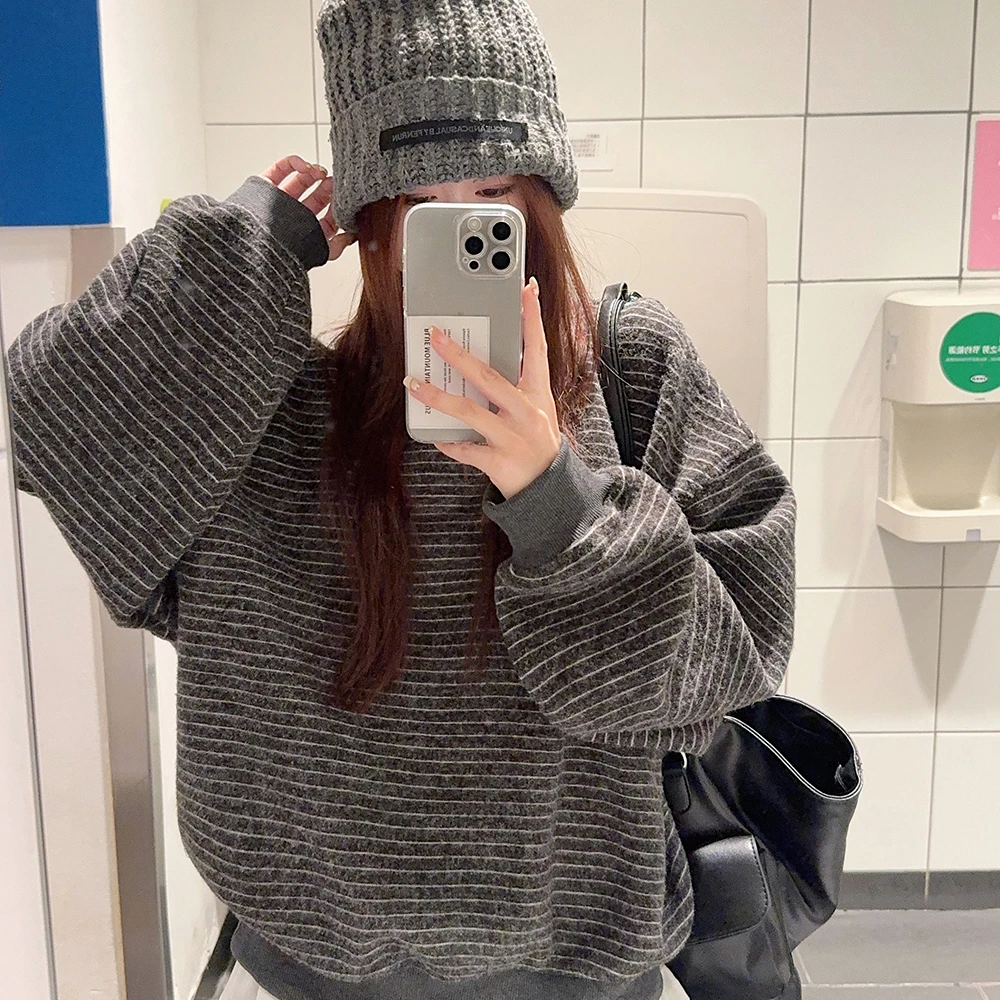 胖妹妹大码300斤慵懒风条纹卫衣女春秋新款宽松休闲圆领长袖上衣