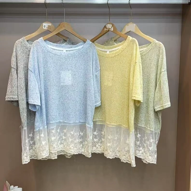 Y796 夏季韩系甜美圆领蕾丝拼接衣摆短袖T恤女日常通勤休闲