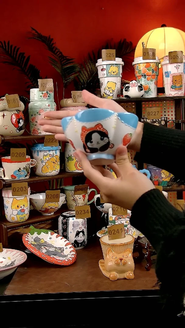 碗DIY景德镇陶瓷手工手绘卡通风小猫花瓣碗