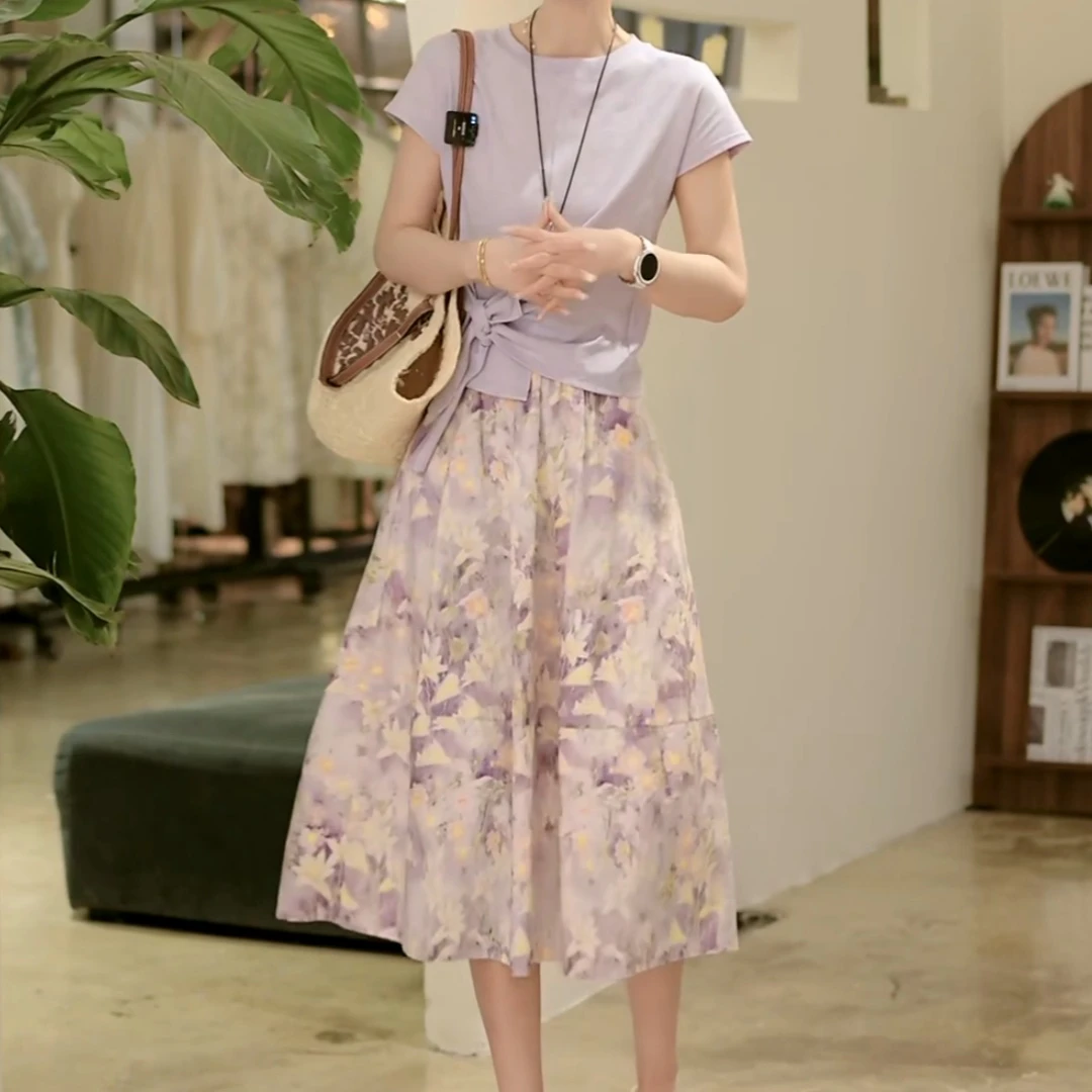 樱落长街减龄女小众绑带短袖上衣洋气半身裙两件套装