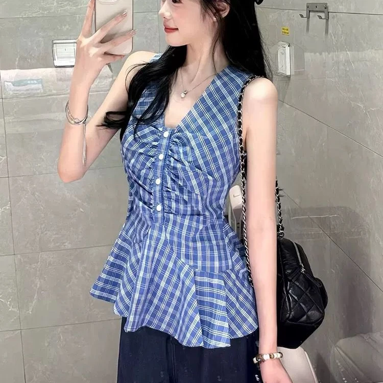 法式V领格子背心女2025夏季纯欲风辣妹无袖衬衫上衣