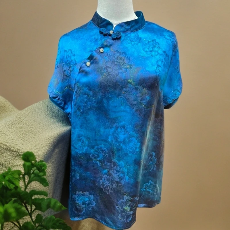 蓝眼泪 新中式国风上衣显瘦高定气质时尚女士短袖上衣T恤400