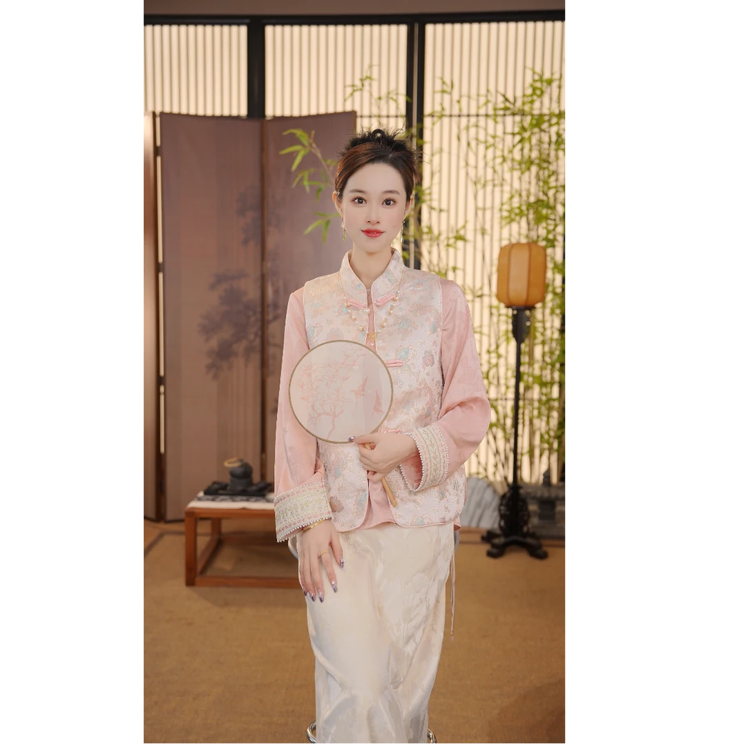 CJ【锦鲤】新中式2024新款锦鲤碎花休闲马甲印花上衣FB2502061