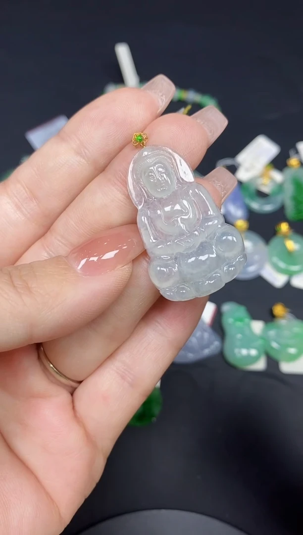 吊坠(不含链)18K金镶嵌翡翠观音18K金扣镶嵌@@CMT