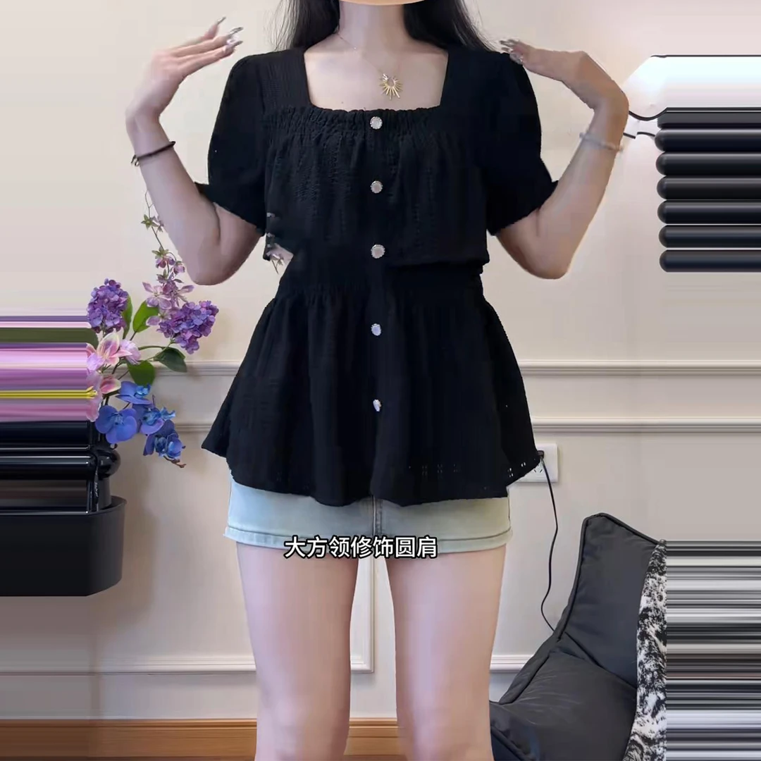 大码女装荷叶边方领缕空短袖衬衫夏季胖mm显瘦收腰法式娃娃衫上衣