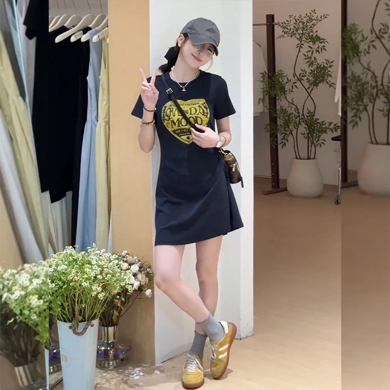 韩系休闲印花短袖连衣裙2025夏季新款抽绳收腰短袖连衣裙