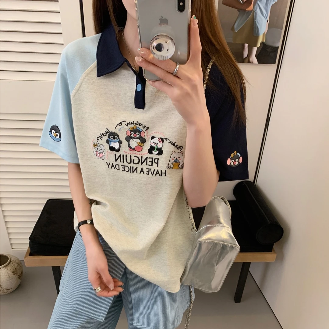 polo翻领短袖女2025夏季拼接撞色插肩袖T恤韩版企鹅家族显瘦上衣