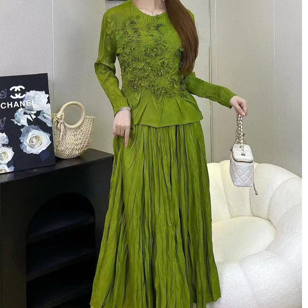 三宅手工堆花褶皱洋气花边上衣宽松炸街大摆半身裙时尚两件套