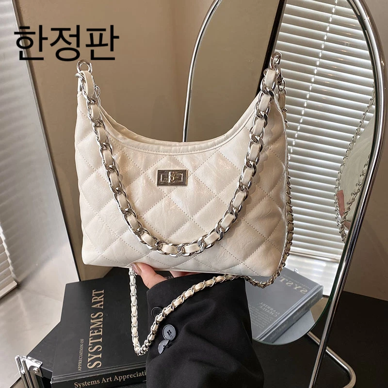 韩国신상품早春色系hobo菱格链条包女单肩腋下包简约斜跨包2025女包