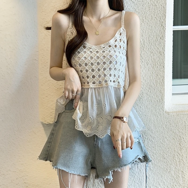 2025百搭时尚外穿大码韩系复古叠穿吊带镂空针织背心花边拼接无袖