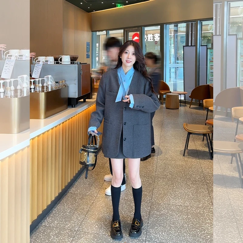 2024秋冬新款韩系百搭气质衬衫拼接毛呢外套半身裙套装9320