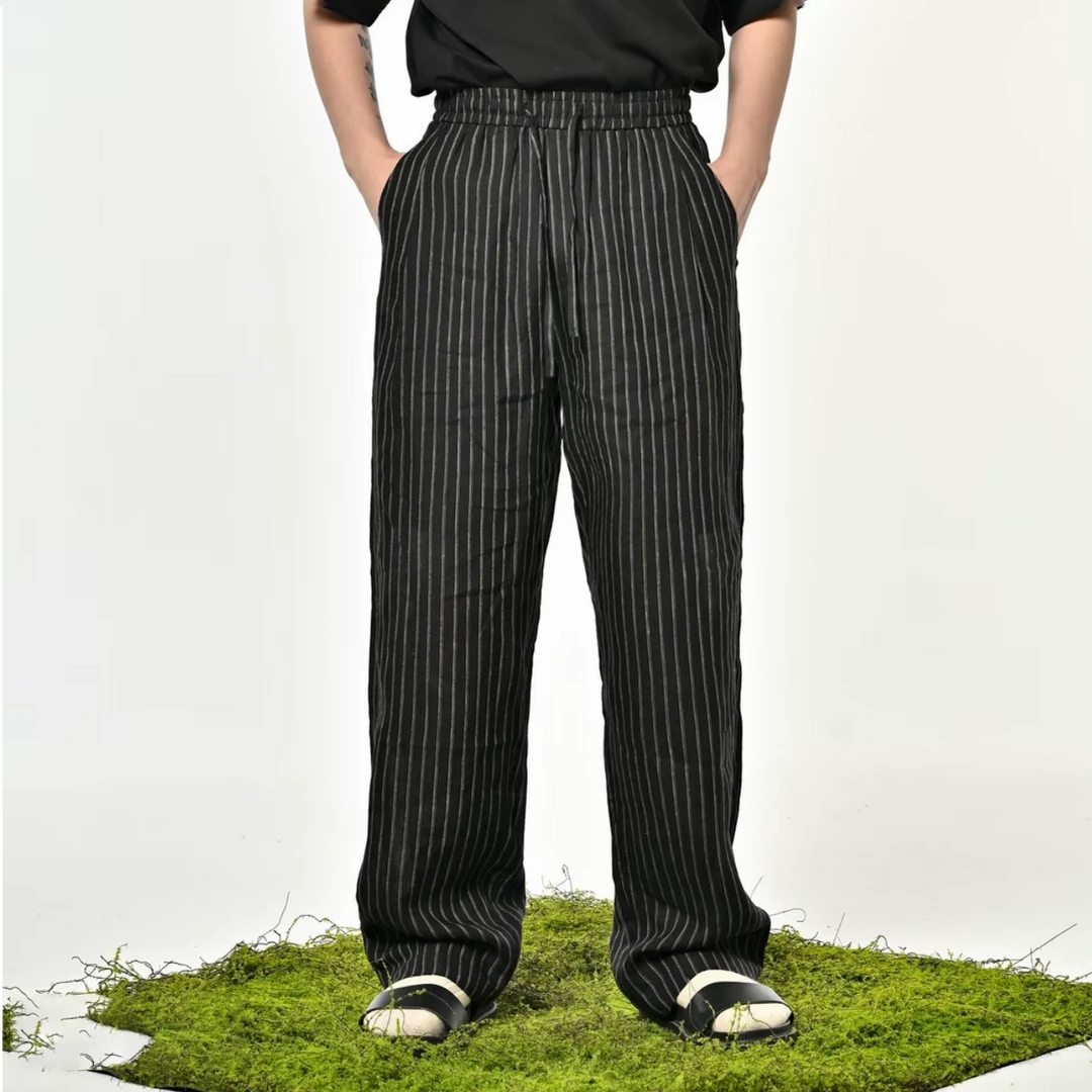 亚麻面料 春夏新款简约男士裤子直筒休闲长裤男潮流条纹242576